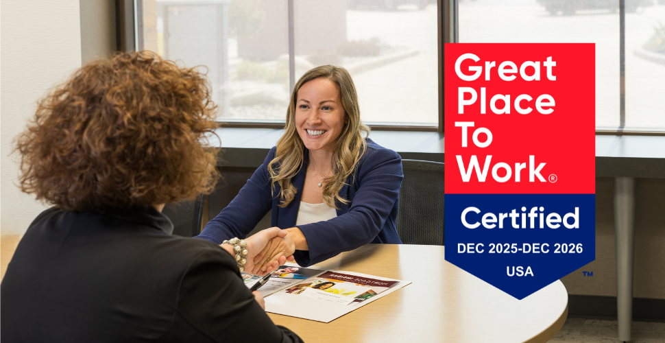 two women shaking hands at a job interview at Sturgis Bank